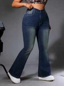 SHEIN ICON Jean évasé brodé croisé lavé grande taille