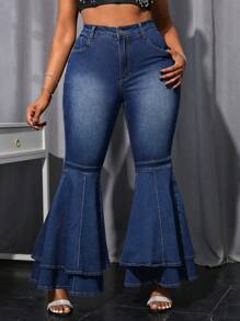 SHEIN ג'ינס ג'ינס אקסטרה פלוס סייז ארוך במיוחד כפול שכבה מכנסיים מתרחבים - כהה שטוף - ראה 5