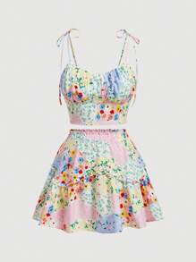 SHEIN MOD Plus Summer Vintage Nomad Style Patchwork Flower Print Spaghetti Strap Crop Top And Short Flared Skirt Set - Multicolor - View 1