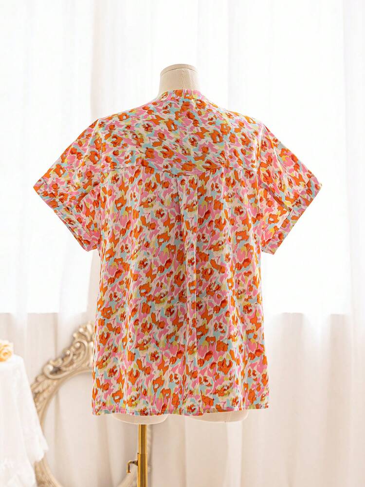Plus Size Women Summer Printed Notched V-Neck Batwing Short Sleeve Casual Loose Shirt