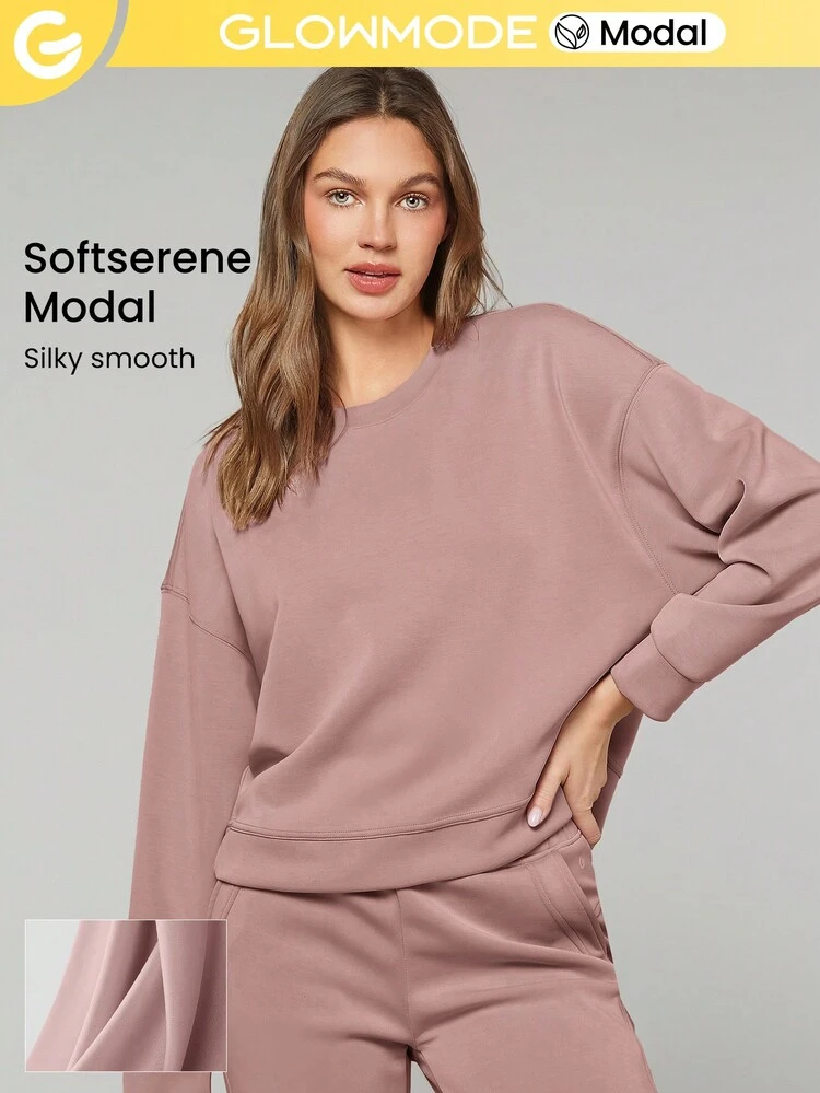 Modal Silky Smooth Loose Drop Shoulder Crew Neck Side Slits Sweatshirt With Thumbholes Daily Casual  Spring Summer