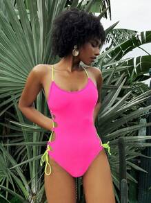 SHEIN Swim Women Color Block One-Piece Swimsuit With Side Ties, Perfect For Beach And Holiday Summer