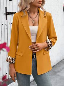 SHEIN Clasi Women's Leopard Print Cuff Single Button Blazer - Yellow - View 3