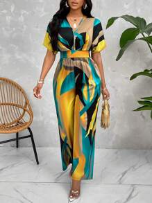 SOLERSUN Graphic Print Batwing Sleeve Belted Jumpsuit With Random Pattern - Yellow - View 3
