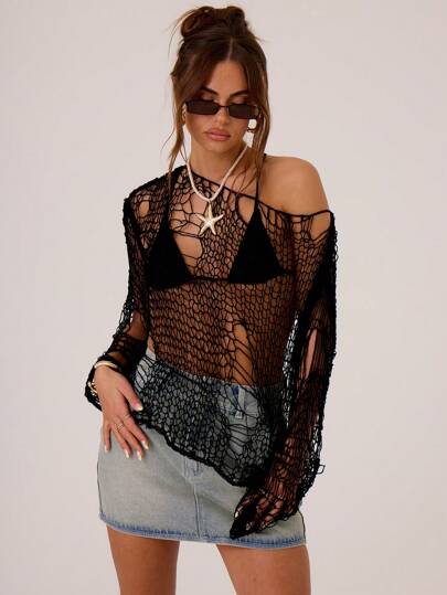 MUSERA Top asimétrico de hombro negro, estilo bohemio, de punto desgastado, para vacaciones en la playa, festivales, conciertos, Ibiza, fiestas de verano, otoño, invierno y Navidad, elegante para fiestas de noche