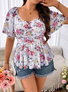 Flirla Plus Size Damski letni wakacyjny styl z kwiatowym nadrukiem, dekoltem w kształcie serca, falbanką z krótkim rękawem, elegancką koszulą