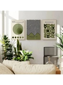 Conjunto de 3 posters abstractos de lienzo estilo Bauhaus en color verde salvia, sin enmarcar, arte de pared impermeable, pinturas de arte moderno para regalo, decoración de pared del dormitorio, sala de estar, oficina, comedor, baño, cafetería, bar, decoración del hogar y la oficina