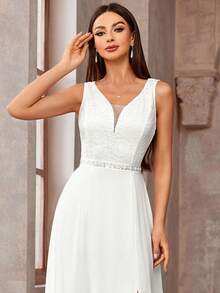 Deep V Neck Lace Bodice Sleeveless Chiffon Split Thigh Wedding Long Dress White Elegant Bridal Dress,Bride - White - View 8