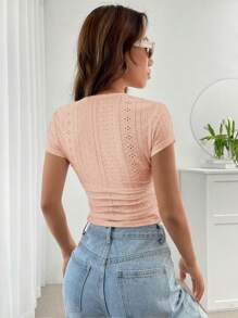 SHEIN EZwear 女士 masson 色夏季露眼刺繡修身短款T恤