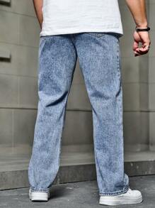 Manfinity Homme Men Light Blue Frayed Floral Embroidered Wide Leg Jeans