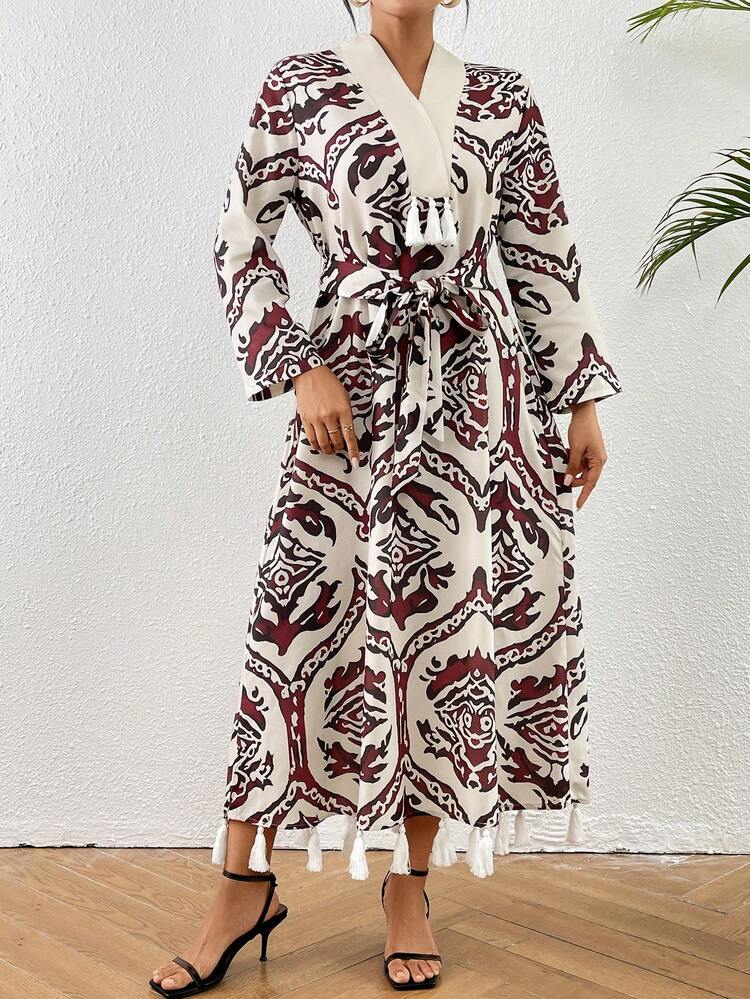 Women Fashion Printed Long Sleeve Dress With Tassel Decoration
