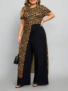 SHEIN Lady Plus Size Women Fashionable Leopard Print Short Sleeve Jumpsuit - Brown - View 4