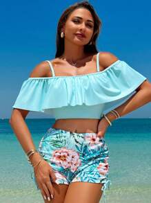Swim Lushoire Women Cold Shoulder Design Ruffle Trim Top And Floral Print Swim Shorts, Suitable For Beach Vacation In Summer,Summer Beach - Mint Green - View 1