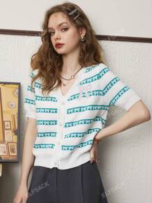 Fairy Pocket Striped V-Neck Short-Sleeved Knitted Cardigan For Women, 2023 Summer New Arrival, Petite And Slim-Fit