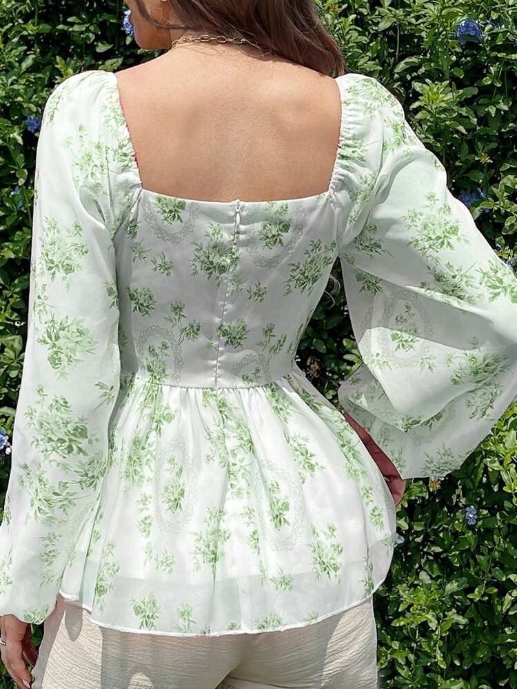 Women Fashion Flower Print Long Sleeve Square Neckline Shirt Fall Cloth For Women