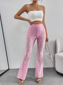 SHEIN PETITE Women Elegant Floral Lace Flared Pants For Spring/Summer - Pink - View 3