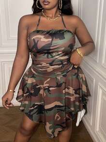 Slaydiva Plus Size Nữ Ngụy Trang In Hình Trang Phục Thường Ngày Với Viền Bất Đối Xứng Và Dây Treo Phía Sau - xanh quân đội - Xem 6