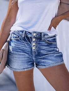 European And American Distressed Rolled Hem Denim Shorts, Spring/Summer - Dark Wash - View 4