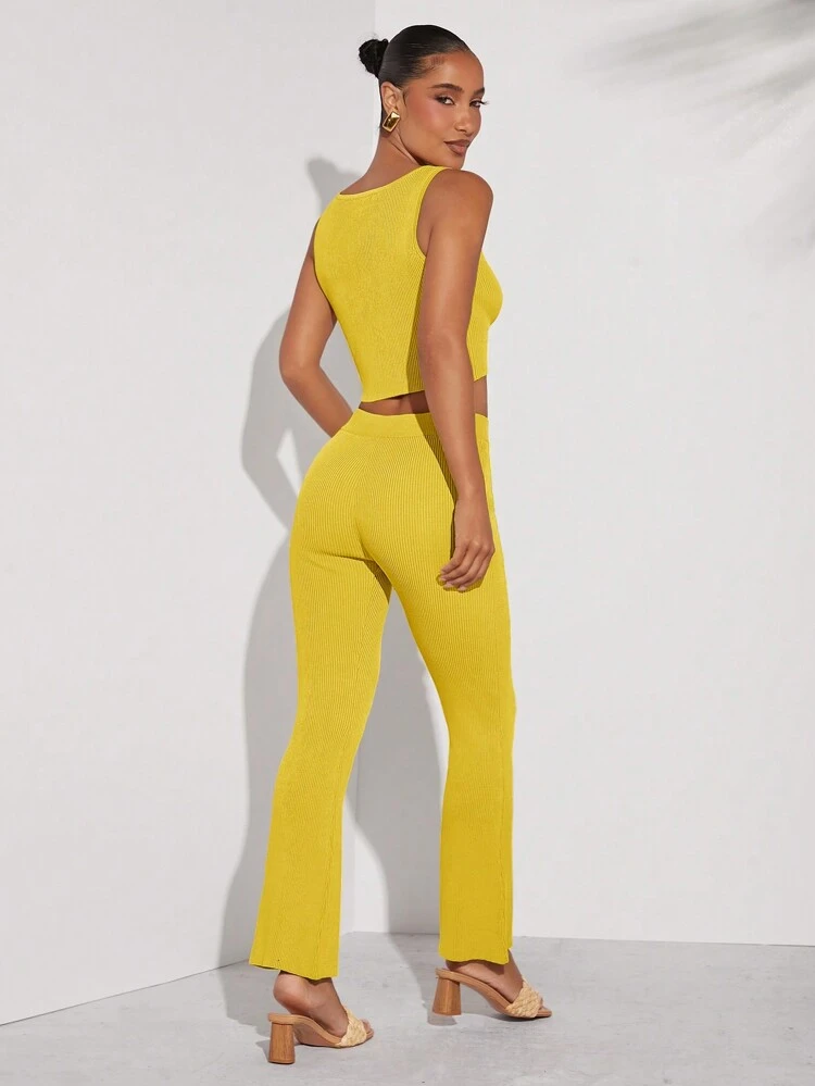 Women Solid Color Tie-Up Cropped Sleeveless Knitted Top And Knitted Pants Casual Suit