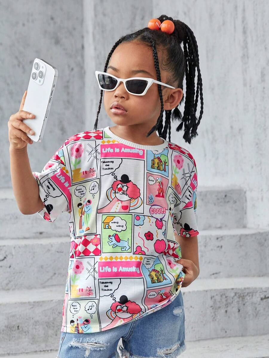 SHEIN Cô gái trẻ dệt kim họa tiết Graffiti Áo thun dáng rộng thông thường có cổ tròn - Nhiều màu - Xem 1