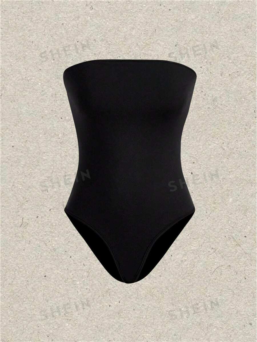 SHEIN EZwear 2 Stück/Set einfarbig trägerloses Shapewear Bodysuit, nahtloser TangaBodysuit