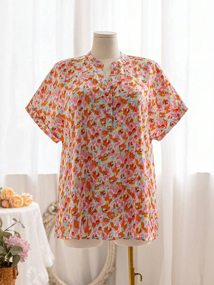 Plus Size Women Summer Printed Notched V-Neck Batwing Short Sleeve Casual Loose Shirt