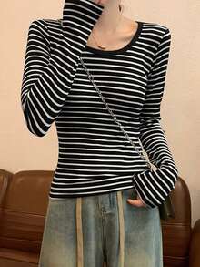 Colorblock Striped Casual Women T-Shirt - Black - View 5