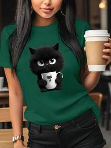 INAWLY 休闲猫咪图案圆领短袖 T 恤图案 T 恤女式上衣 - 墨綠色 - 查看 1