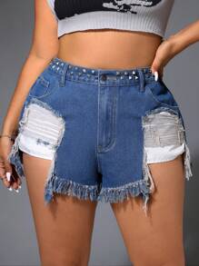 SHEIN ICON Plus Size Sexy Summer Denim Shorts With Distressed Details And Frayed Hem - Blue - View 3