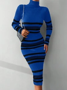 EURMUSE Striped Pattern Turtleneck Jumper Dress - Royal Blue - View 3