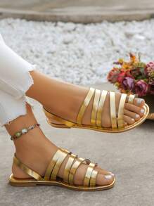 女士平底凉鞋，趾环编织带一脚蹬拖鞋，休闲沙滩凉鞋