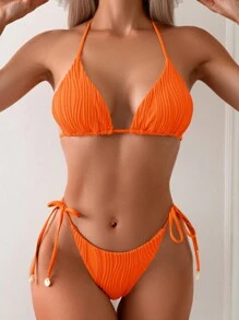 Swim Basics Women Summer Beach Solid Halter Bikini Set Bathing Suit For Vacation, Special Fabric - Orange - View 1
