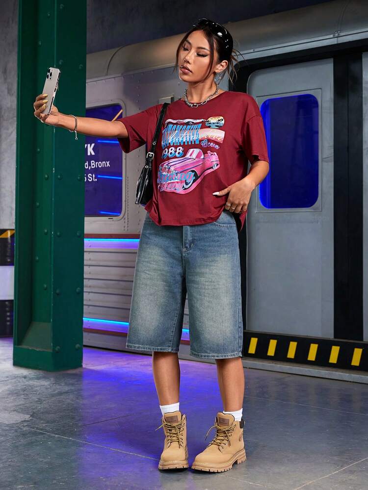 Women Four Seasons Loose Short-Sleeved Automotive Letter Print Round Neck Sports T-Shirt Gym Top