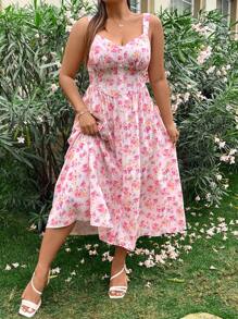 Sunnyshic 大碼女性花卉全印花聚褶胸夏季背心連身裙 - 粉色 - 查看 5