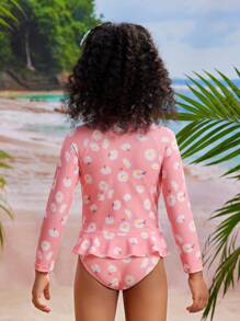 SHEIN Costume Da Bagno Con Cerniera Frontale A Maniche Lunghe Con Motivo Di Margherite Per Ragazze Giovani