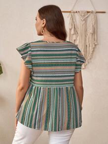 EMERY ROSE 夏季大尺碼女士幾何條紋印花飛袖沙灘襯衫 - 綠色 - 查看 2