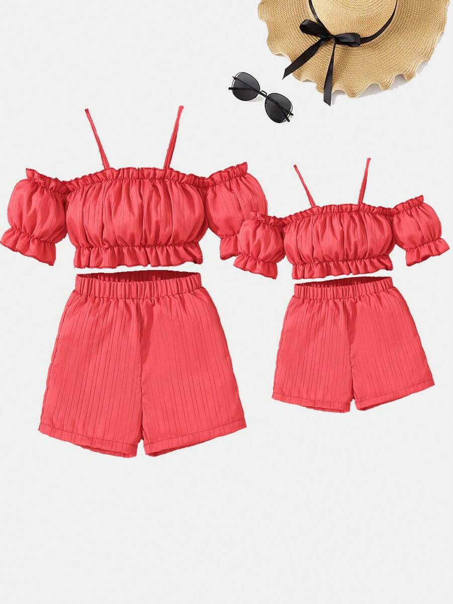 Conjunto De Blusa Con Tirantes Y Pantalones Cortos De Hombros Descubiertos De Color Sólido Para Niñas Jóvenes - Multicolor - Ver 1