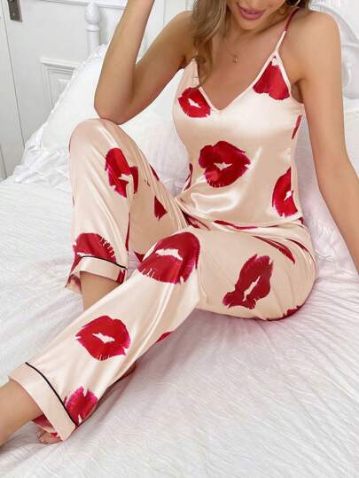 LuxeNights Silk-Like Lip Printed Cami & Long Pants Sleepwear Set Pajama Set