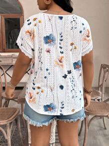 SHEIN VCAY Women Plus Size Boho Floral Printed Lace Trim Summer T-Shirt