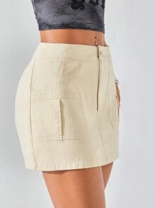 SHEIN EZwear Women Skirts Tombol Kantong Zip Plain Casual - Aprikot - View 6