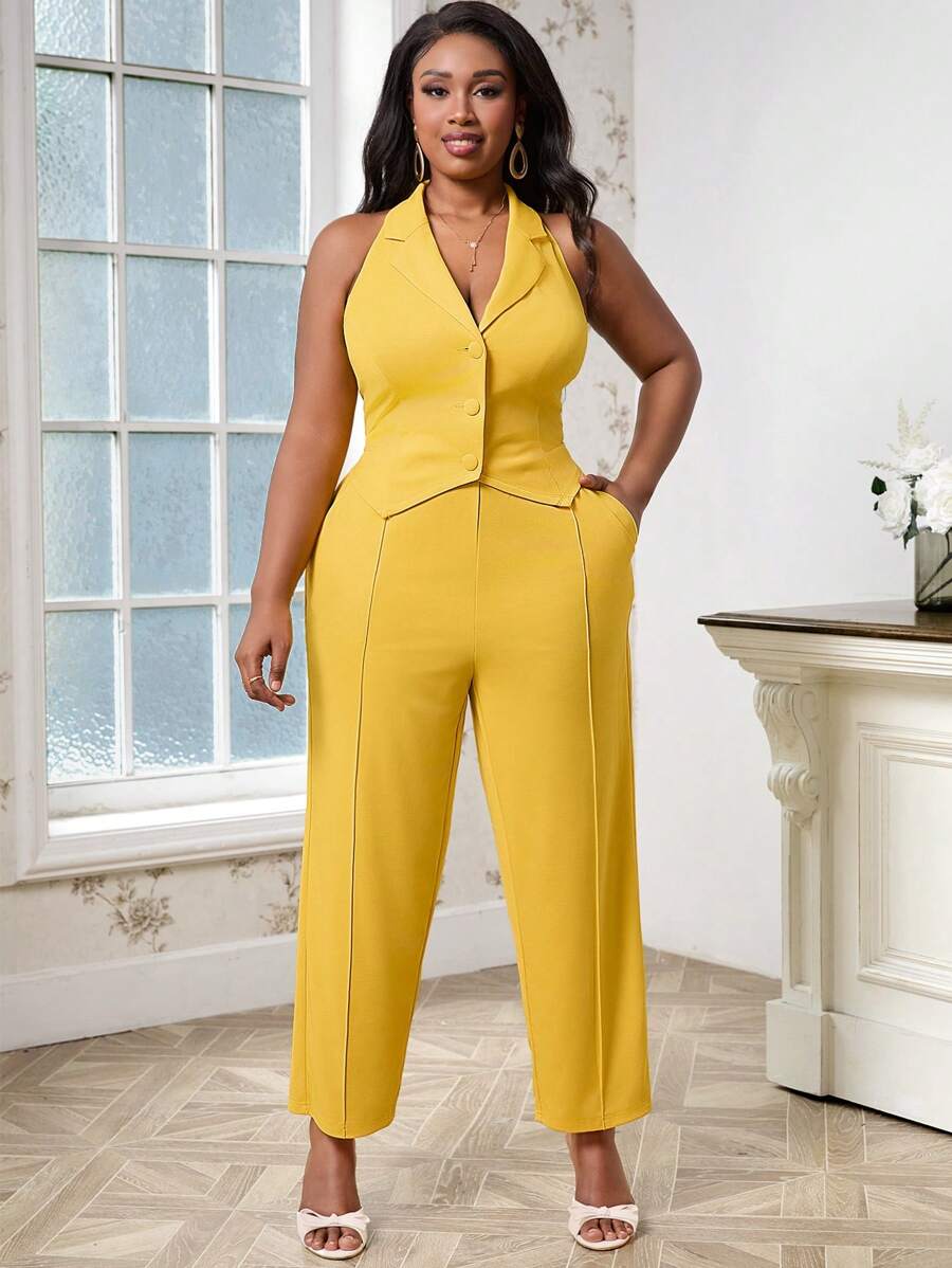 SHEIN Lady Plus Size Yellow Sleeveless Vest Suit With Single-Breasted Button And Pocket - Yellow - View 1