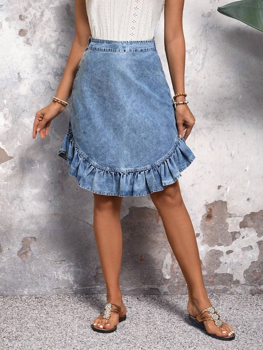 EMERY ROSE Falda informal de mezclilla lavada con dobladillo con volantes para vacaciones - Azul - Ver 1