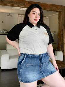 Dazy Plus Plus Size Color Block Embroidered Polo Collar Patchwork Loose Short Sleeve T-Shirt, For Summer