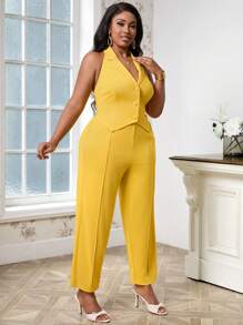 SHEIN Lady Plus Size Yellow Sleeveless Vest Suit With Single-Breasted Button And Pocket - Yellow - View 6