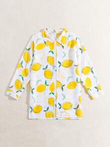 Tween Girl Lemon Print Relaxed Vacation Kimono Cardigan