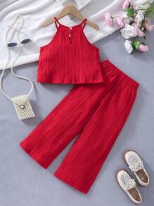 SHEIN Young Girl Summer Solid Color Ruffle Hem Cami Top And Wide Leg Pants Loose Two Pieces Set Red Young Girl Set - Red - View 2