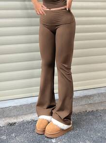 Women's Casual Solid Color Wide Waist Flare Pants, High Waist Pleated Slim Fit Flare Pants Spring - Mocha Brown - View 6
