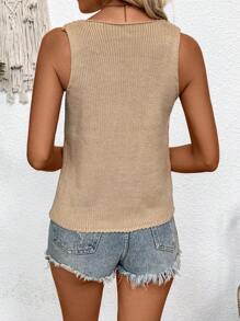 SHEIN LUNE Áo len nữ mùa hè màu trơn cổ tròn khoét rỗng tay áo dệt kim dáng rộng - Màu Khaki - Xem 2