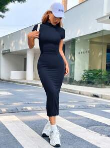 Muchica Vestido ajustado de cuello alto unicolor - Azul Marino - Ver 5