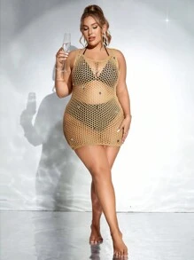 SHEIN Swim Curve Summer Beach Plus Size Solid Color Sleeveless See-Through Cover-Up Is Suitable For Wearing At The Beach, Vacation, And Swimming Pool - Khaki - View 3